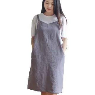 Verstellbare Küchenschürze im japanischen Stil, Baumwollleinen mit 2 Taschen Pinafore Schürze für Damen Chef Kellnerin Friseurin passt für Grill, Lack und Kreuz-Rücken-H Schulterriemen Lightgray