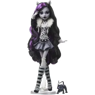 Monster High Puppe Clawdeen Wolf in Schwarzweiß, Reel-Drama-Sammlerpuppe, Poster in Puppengröße und Lebensgröße, Horrorfilm-Design, Spielzeug und Geschenke, HKN28