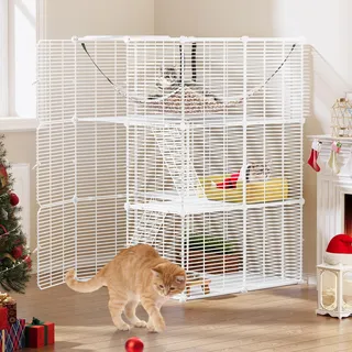 YITAHOME Katzenkäfig für den Innenbereich, 3-stöckig Katzengehege, DIY-Katzenlaufstall mit dichtem Metalldraht, Katzenhütte mit extra großer Hängematte für 1–2 Katzen, Chinchilla, 72x72x107cm, Weiß