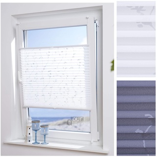 ourdeco® Plissee / 95 x 130 cm Weiß, bedrucktes Blumenmotiv Ranke/lichtdurchlässig, Blickdicht/Farbe: Weiß Ranke