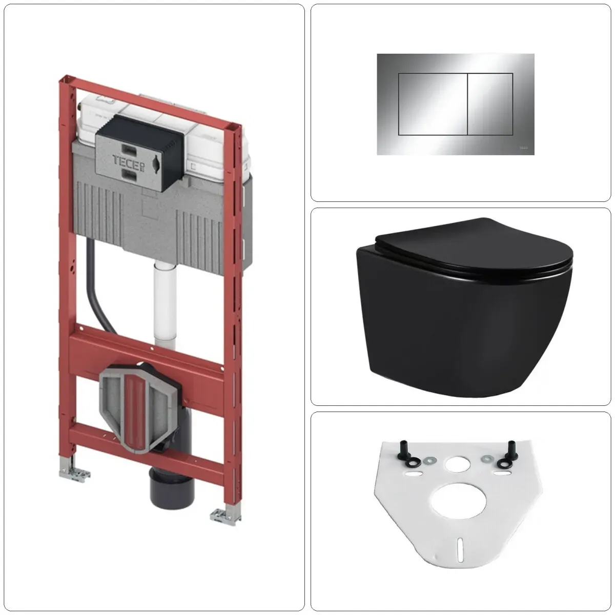 Wand WC spülrandlos mit SoftClose TakeOff WC-Sitz schwarz matt und TECE Vorwandgestell + Betätigungsplatte, chrom