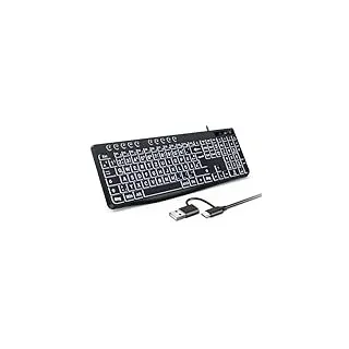 OMOTON Beleuchtete Tastatur Kabel PC Tastatur, QWERTZ Weiß Beleuchtet mit großem Druck, 2 in 1 USB A/C- Für Senioren, Kinder, Sehbehinderte für Windows mit Multimedia-Tasten(Schwarz)