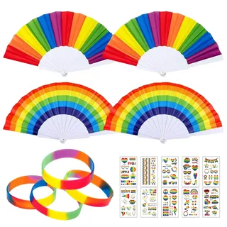 18 Stück Regenbogen Fächer Set, Falten Handfächer, Pride Accessories, Regenbogen Armbänder mit Regenbogen Tattoos, LGBT Feiern Regenbogen Faltfächer, Sommer Pride Month Deko, Hochzeit Handfächer