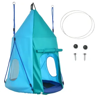 Outsunny Nestschaukel mit Zelt, bis 150 kg Ø100 cm Gartenschaukel, für Kinder, mit Fenster, längenverstellbaren Seilen, wasserdicht in Blaugrün