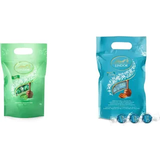 Lindt LINDOR Schokoladen Kugeln | 1 kg Beutel, wiederverschließbar | ca. 80 Kugeln Minze-Milch-Schokolade mit Füllung | Großpackung & LINDOR Schokoladen Kugeln Salted Caramel