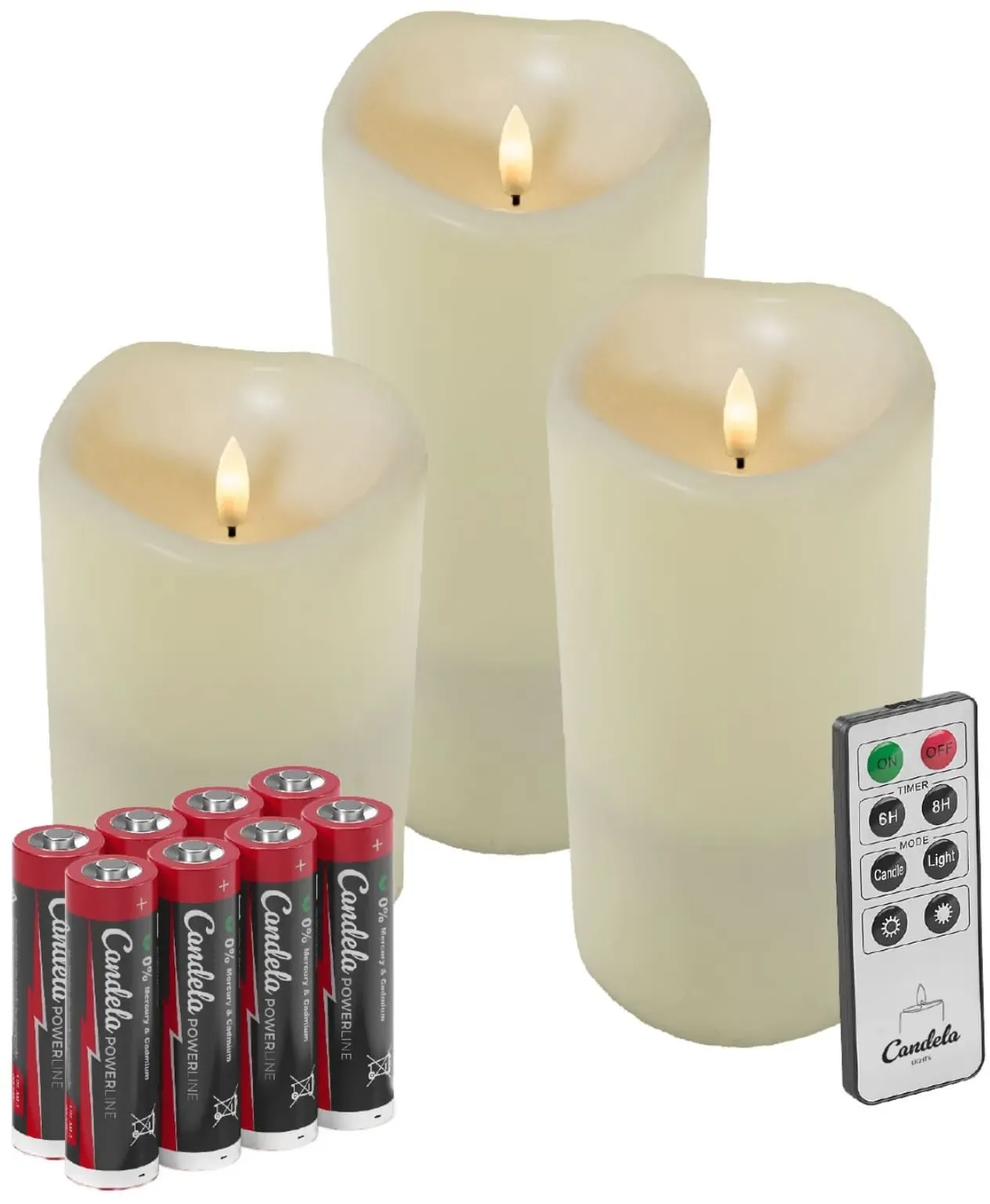 Candela Lights Outdoor LED Kerzen 3er Set Cream inkl. Fernbedienung + 6 Batterien Timer Funktion & mehrstufig dimmbar flammenlos Stumpenkerzen