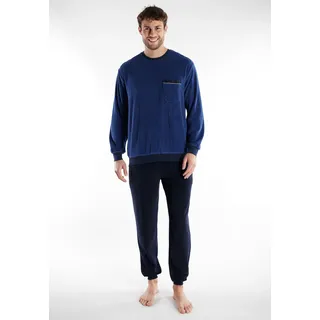 Schlafanzug GÖTZBURG "Kos", Herren, Gr. 56 (XXL), blau (blau, mittel, uni), Single Jersey, Obermaterial: 80% Baumwolle, 20% Polyester, bequem lang, Rundhals, angesetztes Bündchen, Homewear-Sets, mit Brusttasche, langen Ärmeln und Rundhalsausschnitt