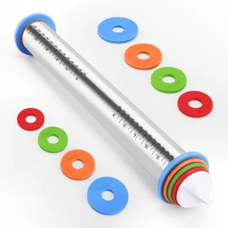 Nudelholz Einstellbares Edelstahl Teigroller, Nudelholz mit einstellbarer Teigdicke abnehmbare Ringe in 4 Größen, Pizzakuchen, Gebäck, Nudeln und Keksen, 44cm