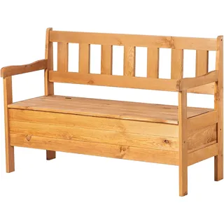 KADAX Gartenbank, 120x47x81,5cm Banktruhe aus Einer Holzfaserplatte, Sitz-Bank mit Stauraum und Rücklehne, Wetterfeste Holzbank für Garten, Balkon (120cm/Braun)