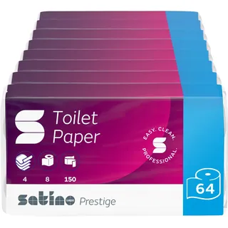 Satino Prestige Toilettenpapier 3-lagig – 64 Rollen – 150 Blatt pro Rolle – aus 100% Zellstoff - extra weiche, hochwertige Blätter – für Zuhause, Hotels, Gastronomie, Gewerbe, Industrie
