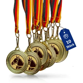 Pokal-Fabrik.de - Pferde-Medaillen 10er Set Metall - Pferdemedaille golden zum Umhängen für Siegerehrungen - Medaillen Kinder mit Deutschlandband & Emblem für Vereine & Turniere