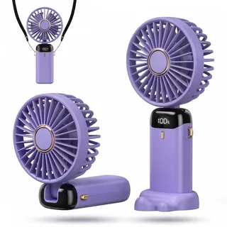 HomlyPro Tragbarer Handventilator Wiederaufladbarer 5000mAh Akku, USB Mini Tischventilator mit LED-Anzeige, 5 Geschwindigkeiten, 90° Einstellbar Faltbar für Zuhause, Büro, Outdoor, Reisen (Lila)