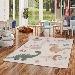 Pergamon Happy Kids Kinder Dino Babys Bunt Creme - Weich, Strapazierfähig & Schadstoffgeprüft - Hoch-Tief-Struktur, 100% Polypropylen, Pflegeleicht, rutschfest - Perfekt für Kinderzimmer