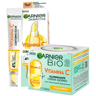 Garnier Bio Gesichtscreme für den Tag aufhellende Haut reduziert feine Linien mit Super Zitrus 50 ml + SkinActive Augenkontur Vitamin C frischer, erholter Blick 15 ml