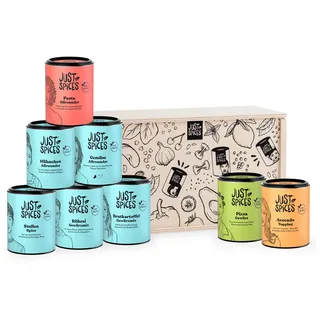 Just Spices Top 8 Gewürze-Set in Holzbox I 8 verschiedene Gewürzmischungen I Von Frühstück bis Dinner: Einfach lecker kochen I Geschenkset für jeden Geschmack