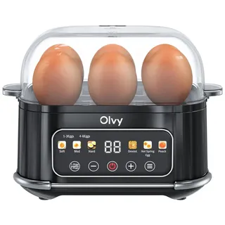 Olvy Eierkocher, Automatische Abschaltung, LCD-Display, Weich, Mittel, Hart, Pochiert, Omelett, 1 bis 6 Eier, BPA-Frei, Spülmaschinenfest, Elektrisch - Schwarz