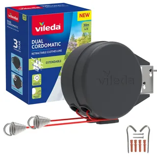 Vileda Duale Cordomatic einziehbare Wäscheleine, 30 m, 2 x 15 m Wäscheleine, hält bis zu 30 kg, ausziehbare Wäscheleine, automatisches Einziehen, stark und langlebig, Wandmontage für den Innen- und