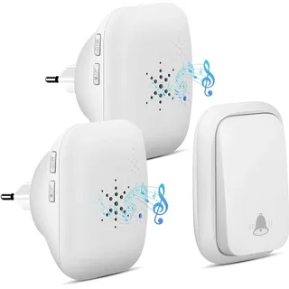 Batterielose Funkklingel, PDGROW Funk Türklingel Einstecken Kabellos Hausklingel Set wasserdichte Funk Hausklingel 2 Empfänger mit 500FT Reichweite, 38 Klingeltönen, 4 Lautstärkestufen und LED, Weiß