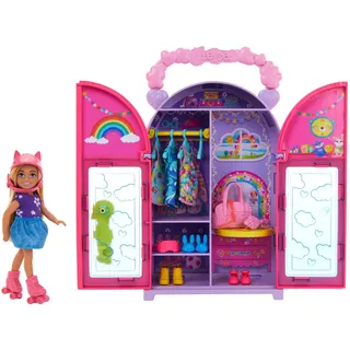 Mattel Barbie Chelsea Puppe und Kleiderschrank-Spielset mit Kleidung und Accessoires, 17-teiliges Set, faltbar zum Spielen für unterwegs und zum Verstauen, HXN03