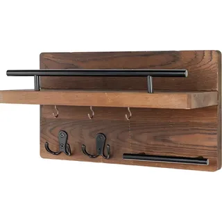 TOJ Schlüsselbrett aus Holz mit 7 Haken - Schlüsselhalter mit Postfach - Schlüsselorganizer - Ablage und Hängeschiene - Dunkelbraun