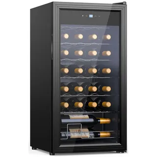 WIE Weinkühlschrank Compressor 82 Liter 28 Flaschen Getränkekühlschrank Kleiner Weinschrank Klein mit Glastür,Vollglas-Designtür mit LED Touchpanel,Anti-UV, Wine Fridge 5-18°C