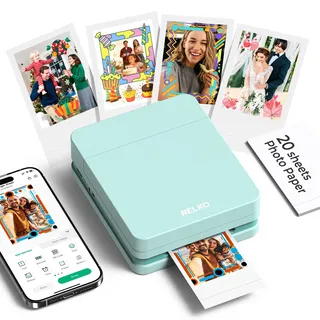 Nelko Fotodrucker PP01 Farbe Tragbarer Mini Fotodrucker für Smartphone mit 20 Fotopapier, Tintenstrahl Aufkleber Drucker, Sticky Back Fotos für iOS & Android, Smart AI APP, Grün