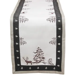 Weihnachten - Winter - Hirsch Stickerei Leinenoptik Polyester Tischläufer ca. 43 x 169 cm, Grau - Weiß