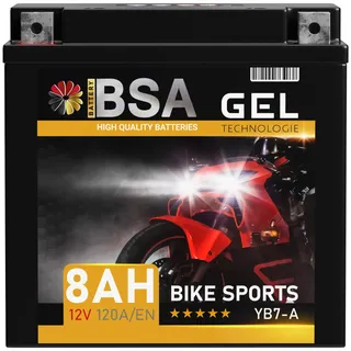 BSA YB7-A GEL Motorradbatterie 12V 8Ah 120A/EN Batterie doppelte Lebensdauer entspricht 50813 12N7-4A vorgeladen auslaufsicher wartungsfrei