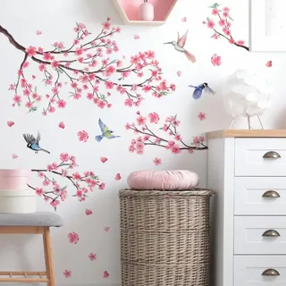Wandaufkleber, rosa Kirschblüten, floraler Wandaufkleber, Zweig, Ranke, Vögel, Wanddekoration, Schlafzimmer, Wohnzimmer, Fenster - Shining House