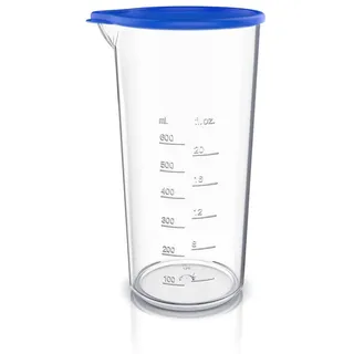 Arendo Messbecher mit Deckel, 600ml, 20 Unzen, Klarsichtbecher, Mixbecher aus Kunststoff, Kunststoff, ideal für elektrische Handmixer, Stabmixer & Handrührer blau|weiß