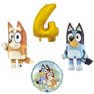 4 teiliges Ballonset mit Bluey und Bingo einer Ballonzahl mit der Nummer 4 in Gold und ein runder Ballon