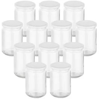 gouveo Einmachglas Einmachgläser rund mit Schraubdeckel - Gläser mit Schraubverschluss, (12er Set, weiss, 350 ml), Mit Twist-Off-Deckel, mehrweg weiß 350 ml