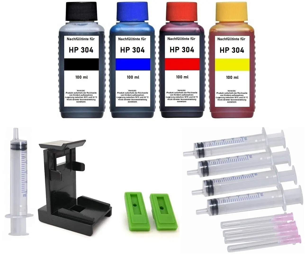 Nachfüllset für HP 304 + 304XL schwarz + color Druckerpatronen - 4 x 100 ml Druckertinte + Zubehör