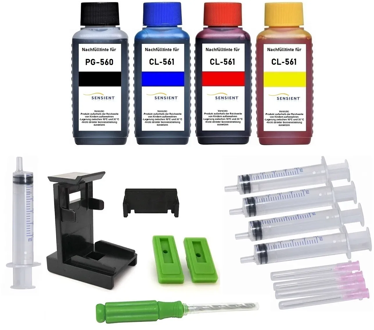 Nachfüllset für Canon Tintenpatronen PG-560 (XL) + CL-561 (XL) - 4 x 100 ml Sensient Tinte + Zubehör