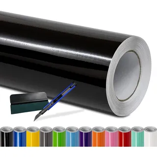 Folindo® Autofolie Schwarz Glanz (7€/m2) - 10 x 1,52 m - Selbstklebende Car Wrapping Folie mit Luftkanälen - inkl. Rakel & Cutter - Blasenfreie Auto Folierung - Hochwertige Vinylfolie