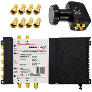 PremiumX Multischalter Set 5/4 Multiswitch Quattro LNB 8x F-Stecker, Satverteiler 1 SAT für 4 Teilnehmer HDTV FullHD 4K UHD 8K