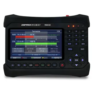 DIPROGRESS Satellitenempfänger DPMAX10 - DVB-T2 DVB-S2 HEVC 10bit DCSS - Messgerät Combo TV/SAT/FIBRA mit 12V Netzteil, Kfz-Ladekabel, AV-Kabel, 1080p HDMI-Ausgang, Schwarz