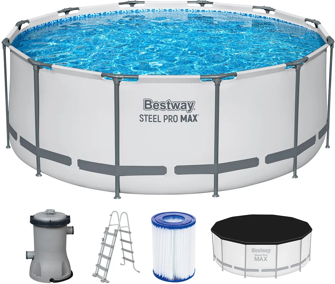 Bestway Steel Pro MAX Frame Pool Komplett-Set mit Filterpumpe Ø 366 x 122 cm, lichtgrau, rund