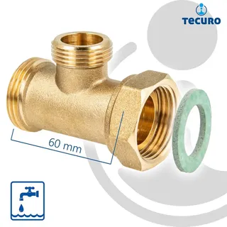 tecuro T-Stück, 1 Zoll AG x 3/4 Zoll AG x Überwurfmutter 1 Zoll (flachdichtend) - MS-blank CW617N