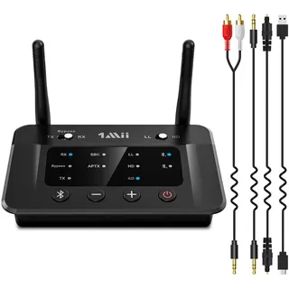1Mii B03 Bluetooth 5.3 Transmitter Sender Empfänger für TV, aptX HD Low Latency Drahtloser Audioadapter für 2 Kopfhörer Stereoanlage, Große Reichweite, Digital Optical, AUX, RCA