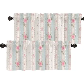 Batmerry Shabby Chic Roses Valance Curtains, Vintage Floral Stripes Polka Dot Laces Window Treatment Kitchen Valances Multilayer Polyester Blackout for Living Room/Bathroom, 2 Pack 52x16 inches