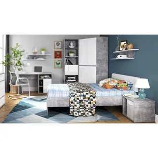 Jugendzimmer Set 1 Canmore Schrank Regal Bett Nako weiß Hochglanz Beton und grau