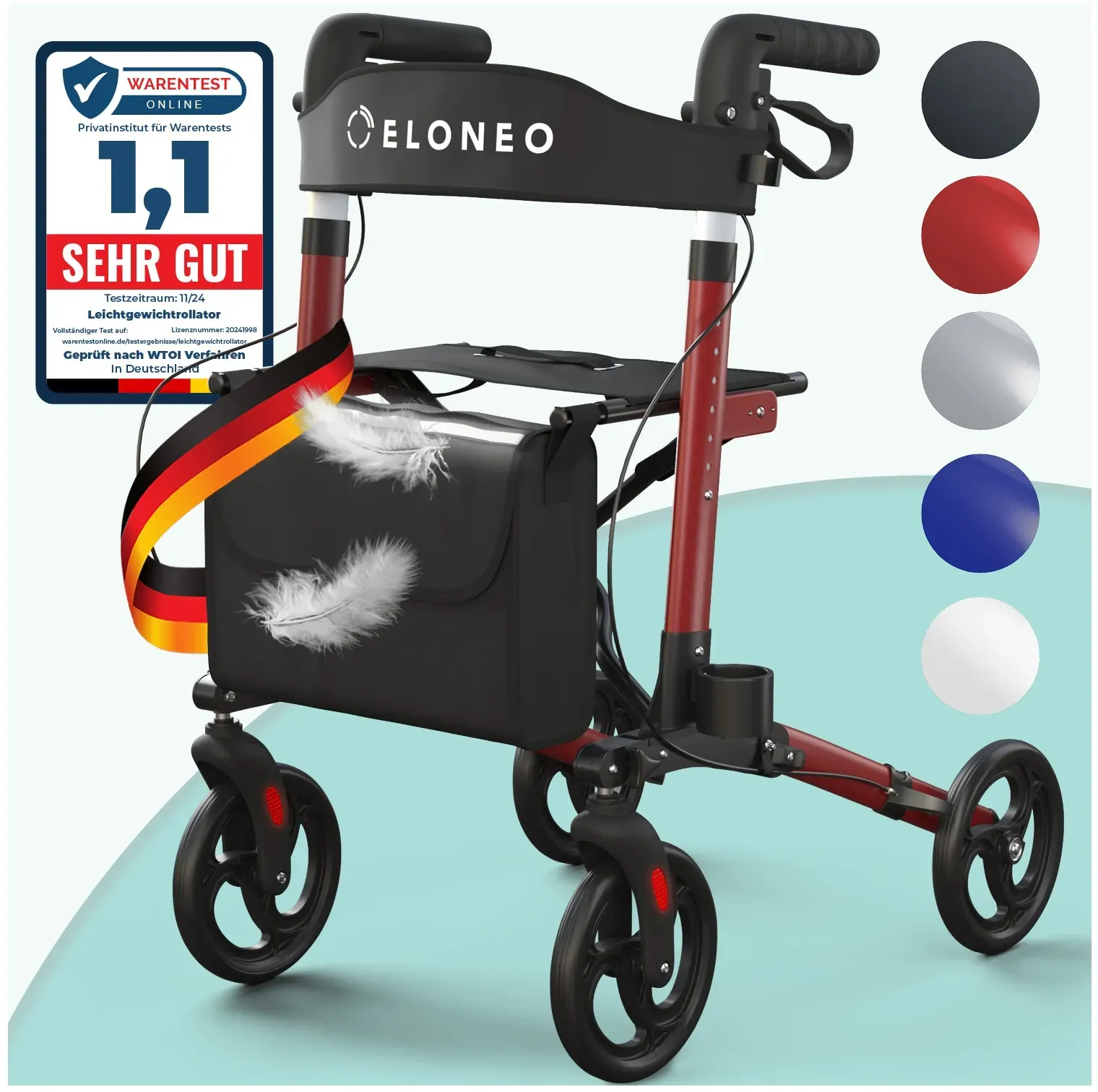 ELONEO Rollator faltbar und leicht mit Sitz, Leichtgewicht-Reiserollator aus Aluminium, Gehhilfe 8-fach höhenverstellbar, Laufhilfe 3-fach faltbar für Kofferraum, Tasche & Schirmhalter Rot