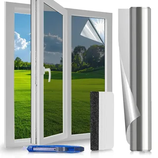 Fensterfolie Sonnenschutzfolie Fenster Innen - 60x200 cm - Spiegelfolie Fenster Sichtschutz, Spiegelfolie Selbstklebend, UV-Schutz Sichtschutzfolie Fenster, Silber Hitzeschutzfolie für Haus, Büro