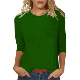 Tops für Damen Einfarbig Bluse 3/4 Arm Tshirt Oberteile Sommer Basic Shirt Tunika Pullover Rundhals T-Shirt Bequeme Casual Longtops Beachwear Locker Blusen T Shirts Longbluse Geschenk für Frauen