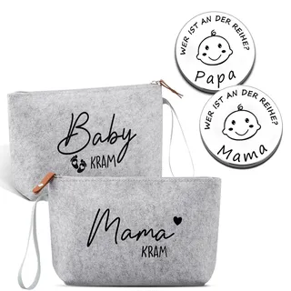 4-teiliges Geschenkset für Schwangere: 2 Filztaschen + 2 Münzen | Geschenke zur Geburt | Ideales Werdende Mama Geschenk & Werdender Papa Geschenk | Babyparty Geschenk in Grau/Silber