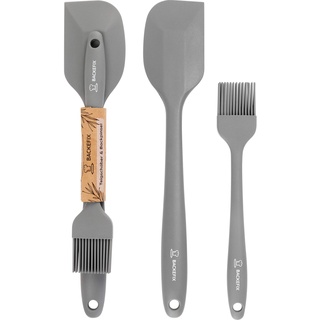 BackeFix Silikon Teigschaber 28cm & 22cm Backpinsel Silikon Backutensilien Set | Teigspachtel & Küchenpinsel mit Edelstahlkern zum Kochen, Backen & Grillen | wertig, BPA-frei, lebensmittelecht, grau