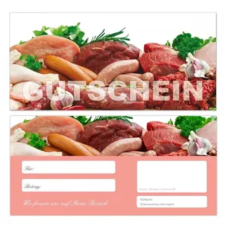 100 Stück Premium Geschenkgutscheine (Wurst-677) - Ein schönes Produkt für Ihre Kunden Gutscheine Gutscheinkarten für Bereiche wie Einzelhandel, Metzger, Fleischer, Fleisch, Wurst, Würste, Schnitzel, Steak, Gastronomie und vieles mehr