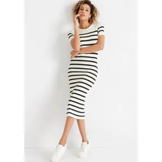 Hechter Paris Strickkleid HECHTER PARIS, Damen, Gr. 38, N-Gr, schwarz (sanftes weiß, schwarz, gestreift), Feinstrick, Obermaterial: 70% Viskose, 30% Polyamid, gestreift, geringelt, feminin, figurbetont wadenlang, Rundhals, Kurzarm, Kleider, mit Streifen