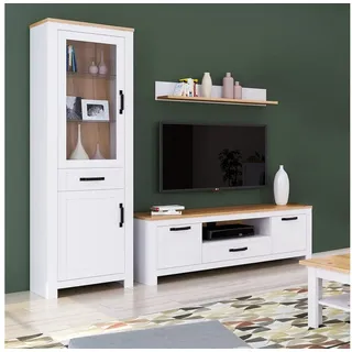 Homestyle4u 2495, Stilvolle Vitrine Highboard in Weiß Eiche Landhausstil 64cm breit mit Schublade Wohnzimmerschrank Glas